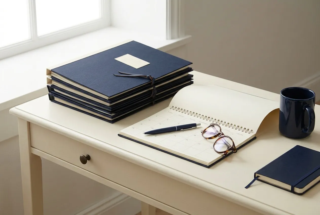 Mesa organizada com pastas de documentos, calendário e caneta