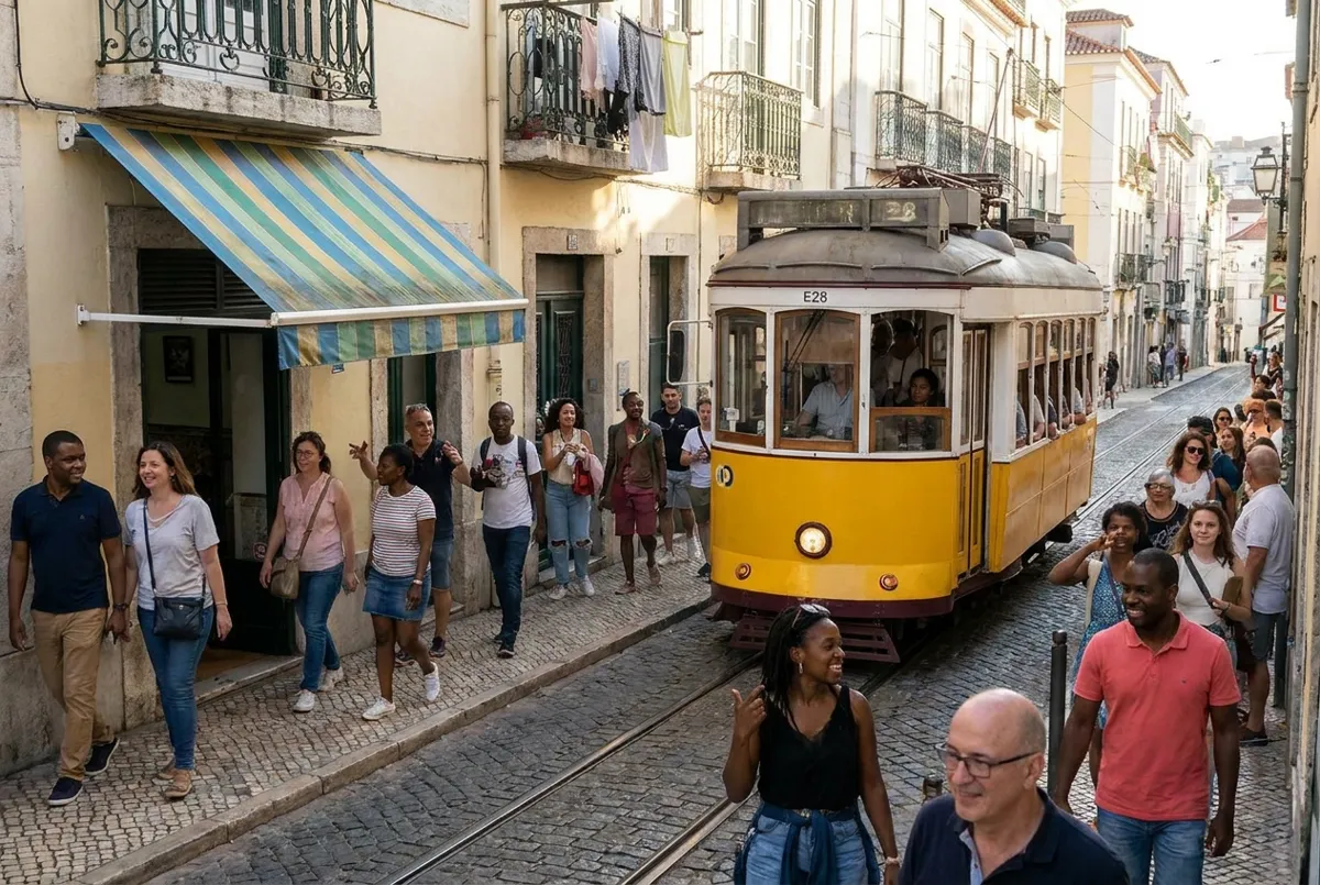 Rua de Lisboa com elétrico amarelo e moradores caminhando