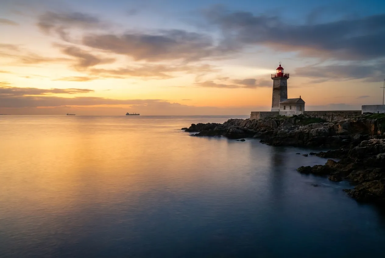 Farol à beira do Atlântico ao amanhecer em Cascais