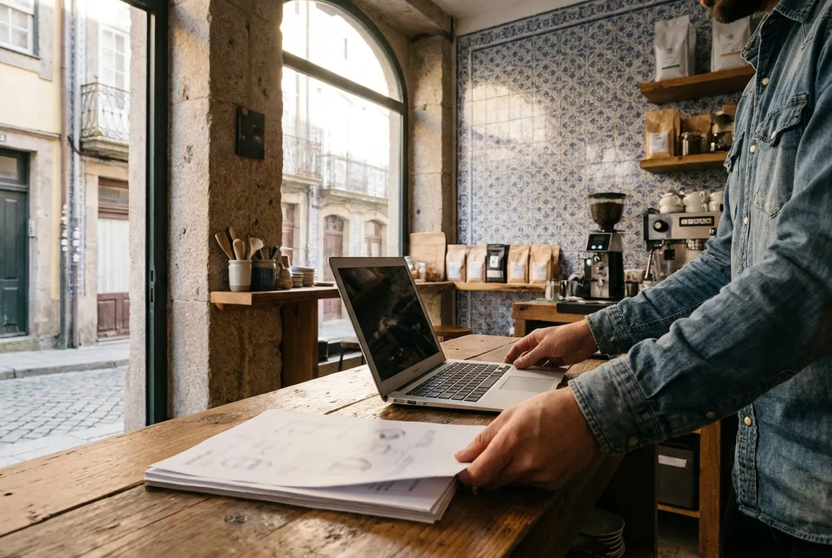 Empreendedor organiza notebook e plano de negócio no balcão de um café com azulejos no Porto