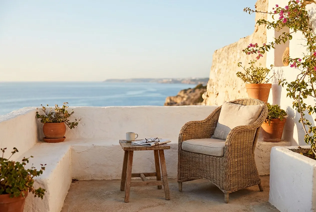Terraço branco com vista para o mar em Portugal