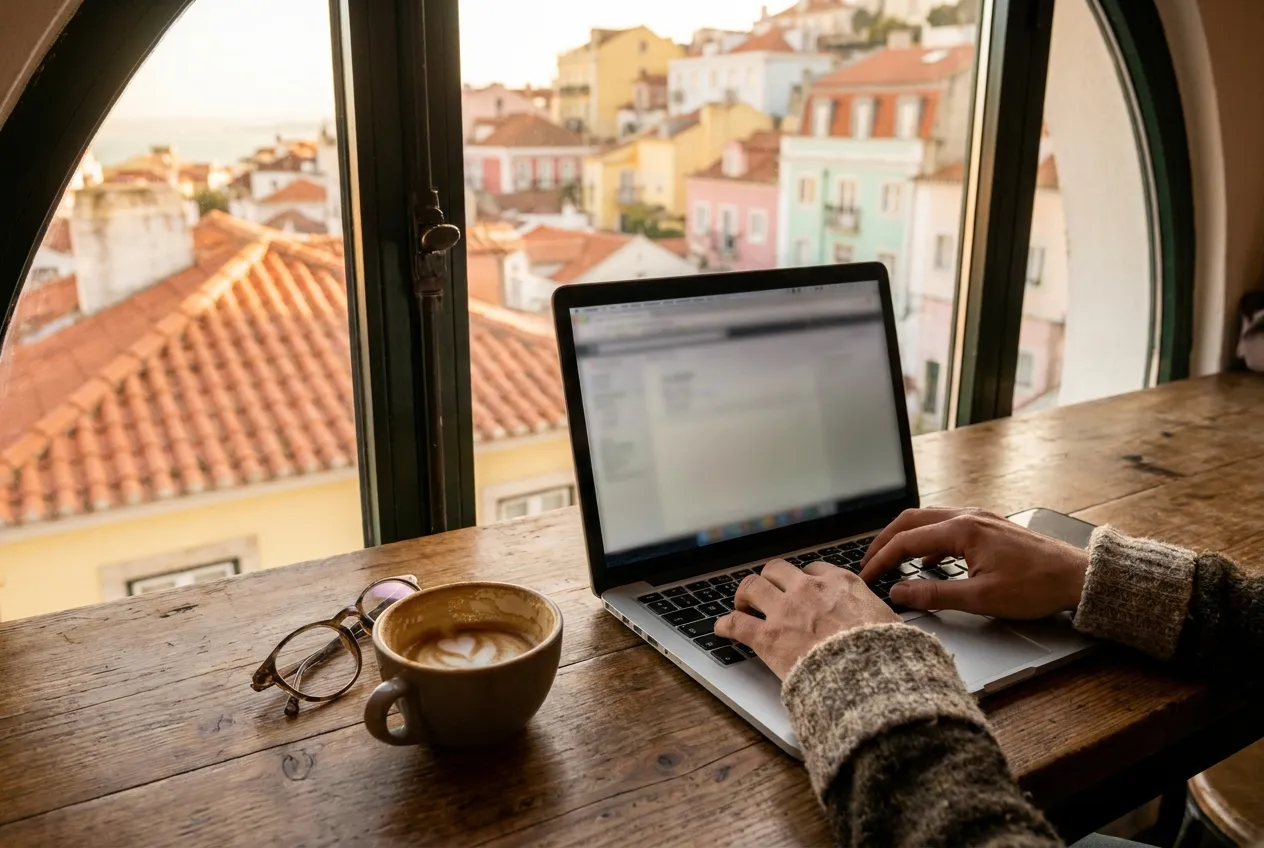 Pessoa trabalhando em um notebook em um café com vista para Lisboa