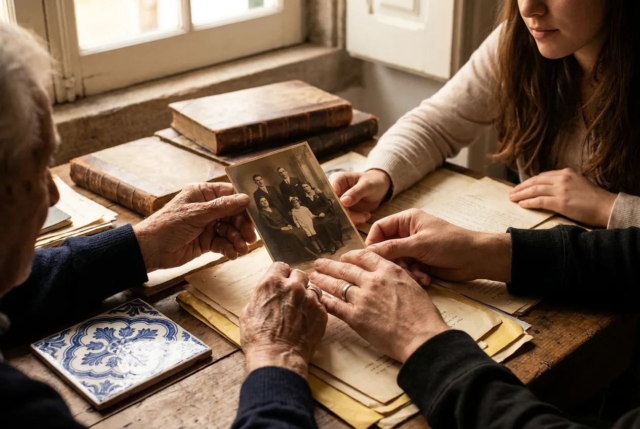 Mãos de avô e neta segurando uma fotografia antiga de família
