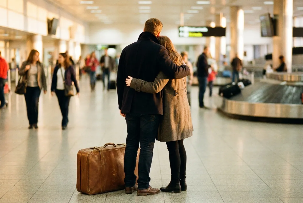Casal abraçado no saguão de desembarque de um aeroporto