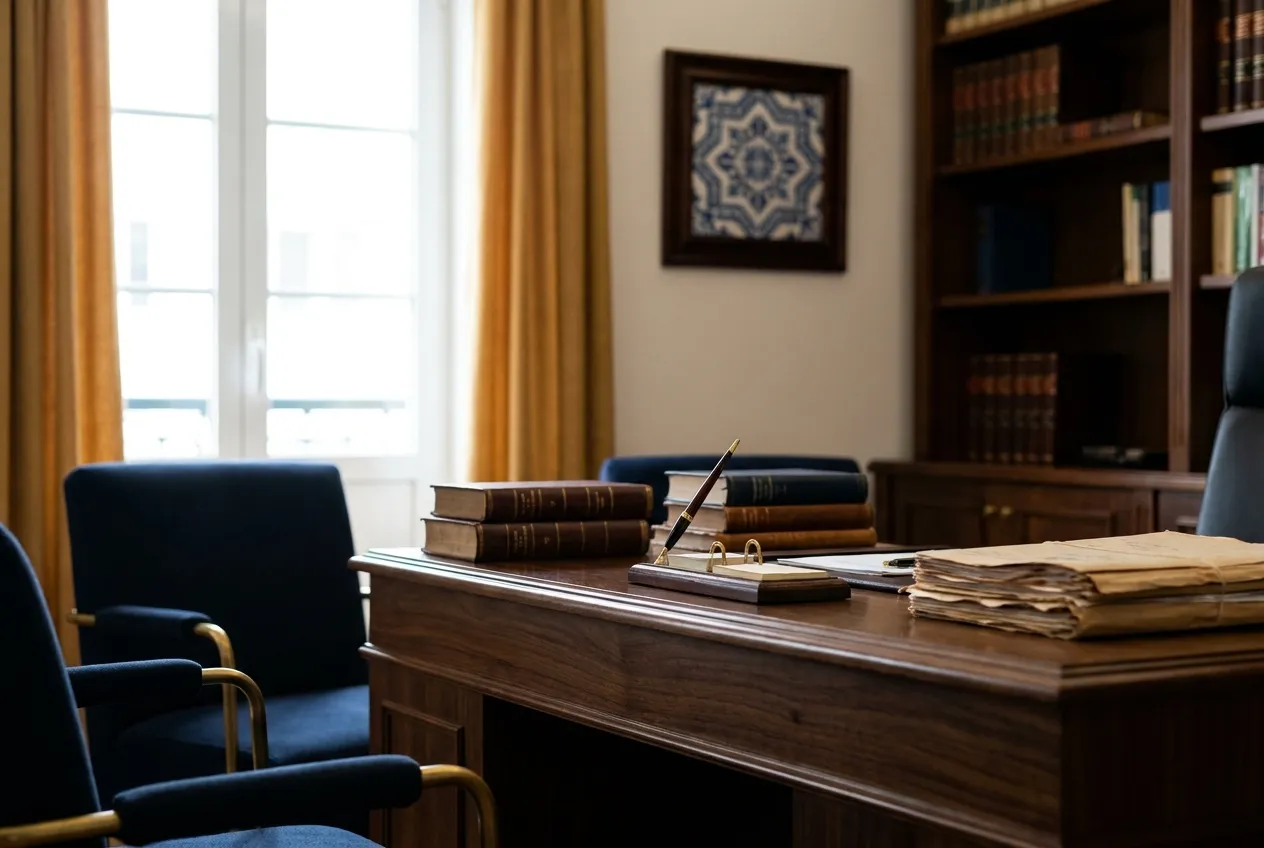 Interior do escritório com livros jurídicos e um azulejo português na parede
