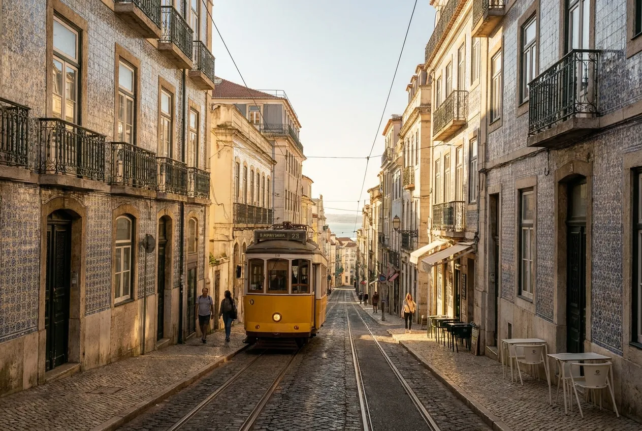 Rua de Lisboa com elétrico amarelo e fachadas de azulejo