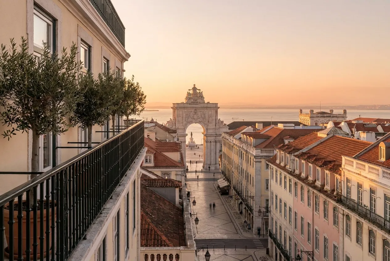 Vista de Lisboa ao entardecer com a Praça do Comércio e o rio Tejo