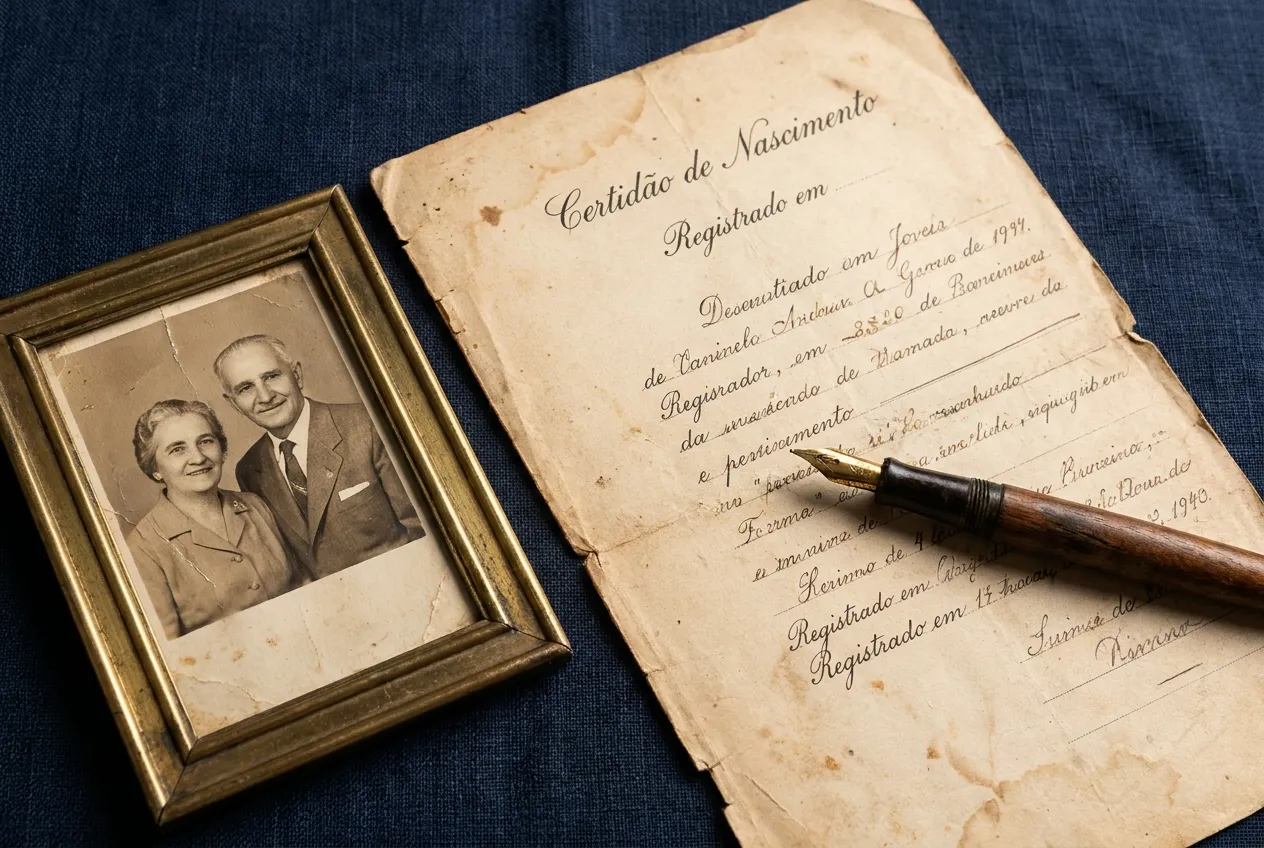 Certidão antiga e fotografia de família sobre tecido azul