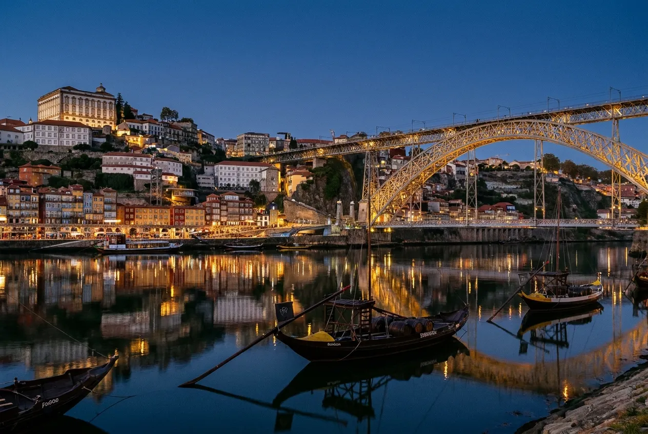 Ribeira do Porto e ponte Dom Luís I ao anoitecer