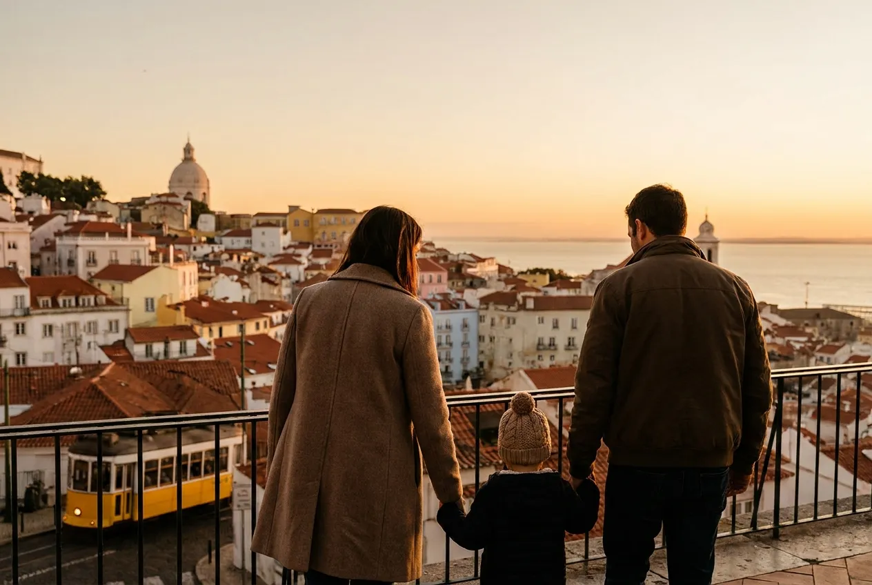 Família de mãos dadas num miradouro de Lisboa ao pôr do sol