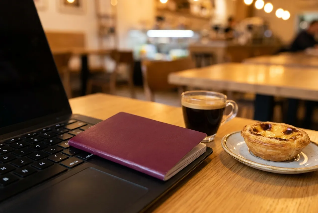 Passaporte sobre notebook ao lado de um café e pastel de nata